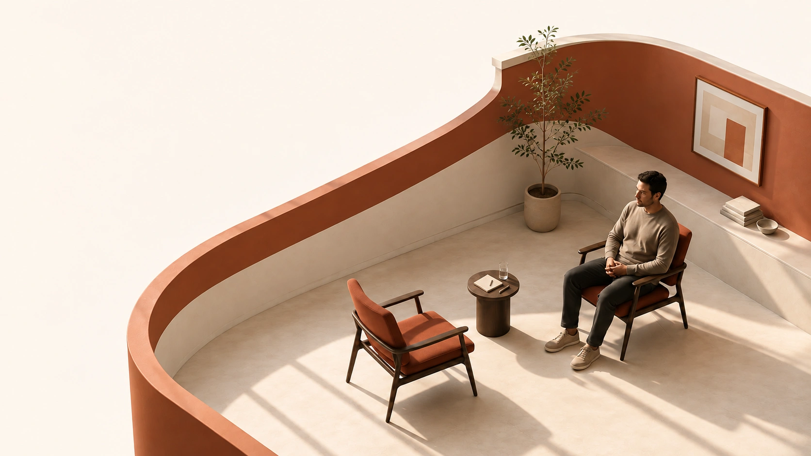A sunlit consultation room, with an empty chair opposite a fictional patient.